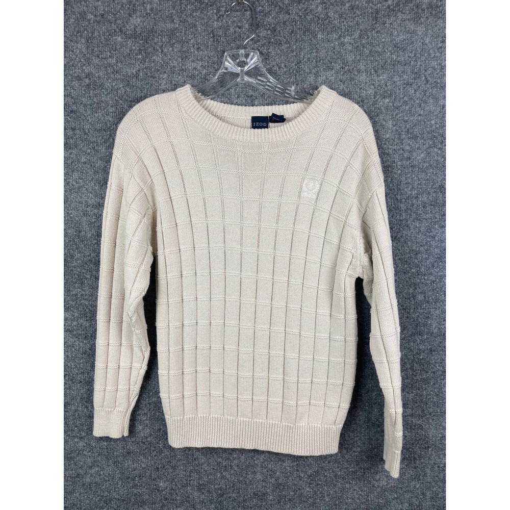 IZOD Sweater Mens Medium Cream Excellent Textured Grid Knit Cotton Crew Neck